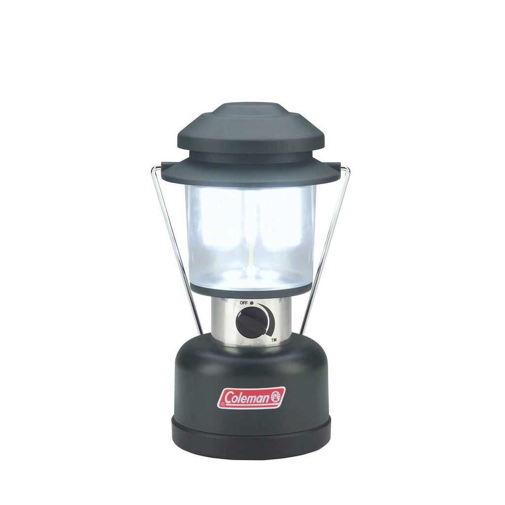 Coleman twin LED lantern with dark body, clear globe, and front control dial