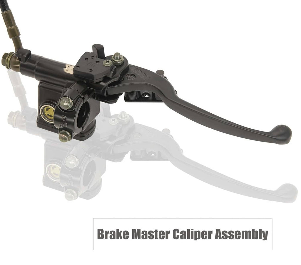 Hydraulic brake master caliper assembly with hand lever and connected hose line