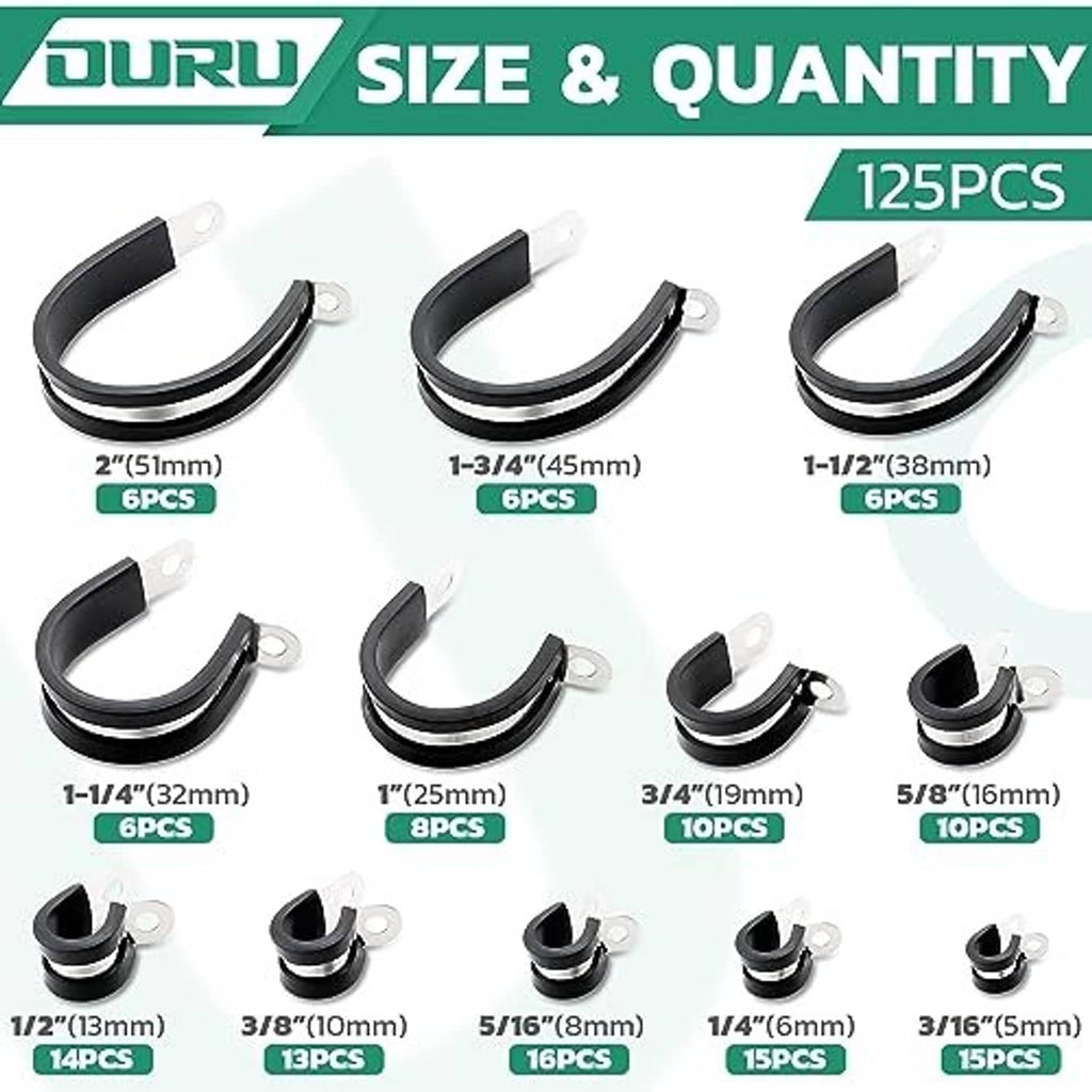 125-piece stainless steel cable clamp set with black rubber-coated bands and metal hardware