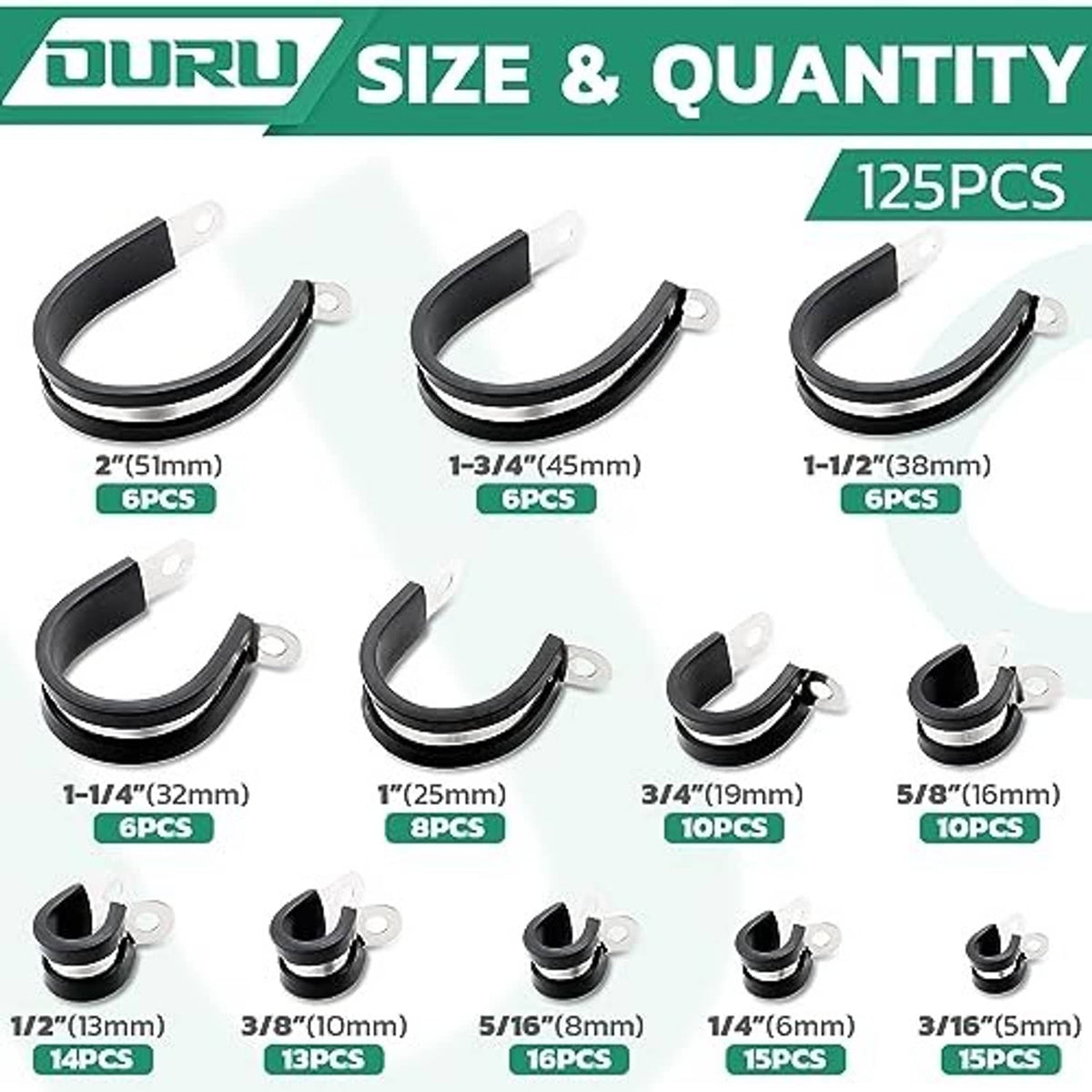 125-piece stainless steel cable clamp set with black rubber-coated bands and metal hardware