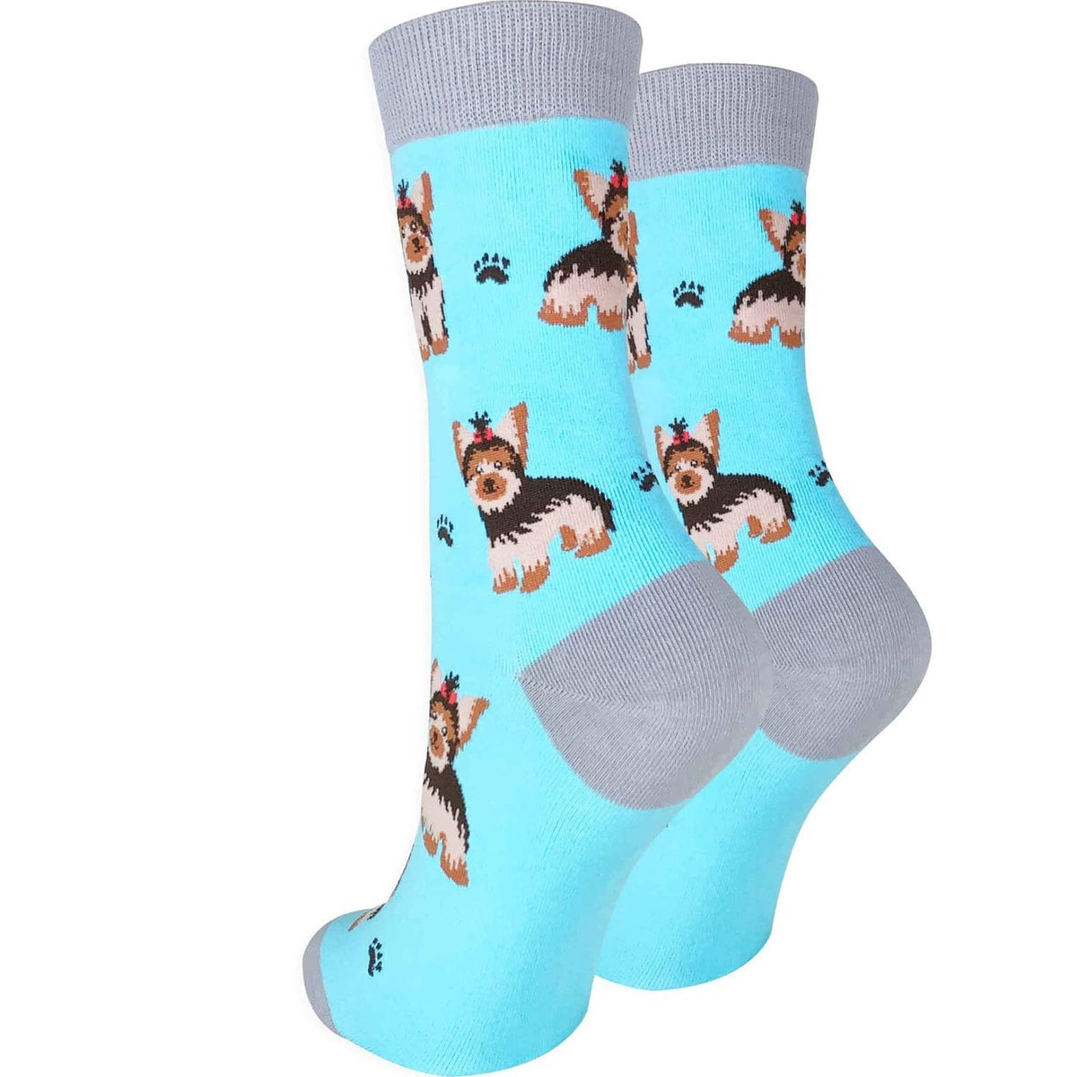 Pair of light blue crew socks with yorkie dog faces and gray toe/heel