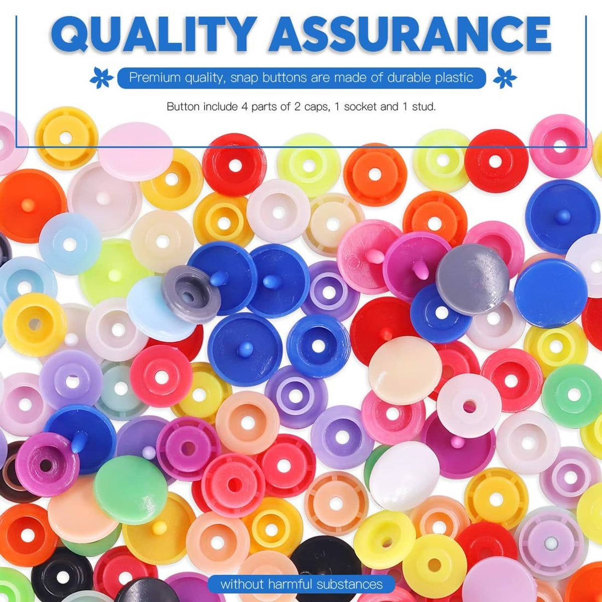 Assorted round plastic snap buttons in many colors, mixed together