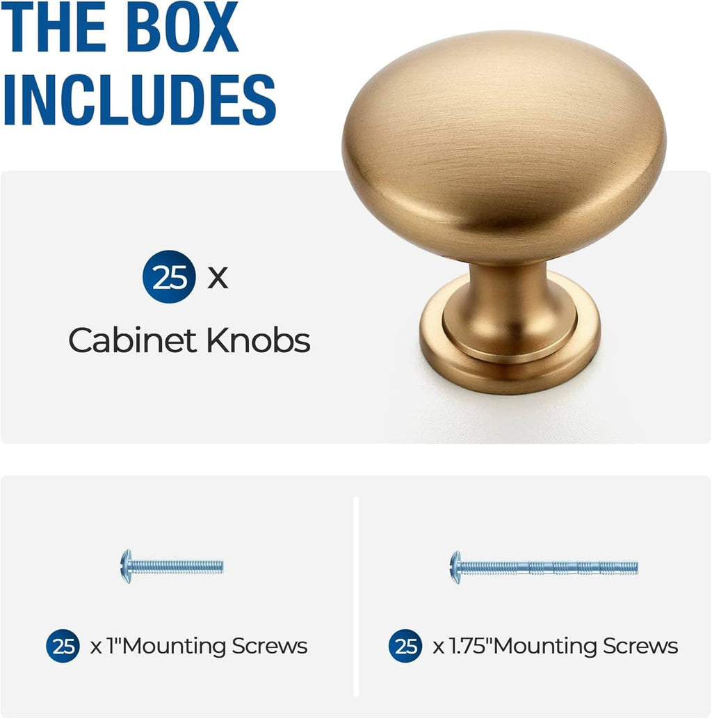 Box contents: 25 champagne bronze round cabinet knobs with mounting screws