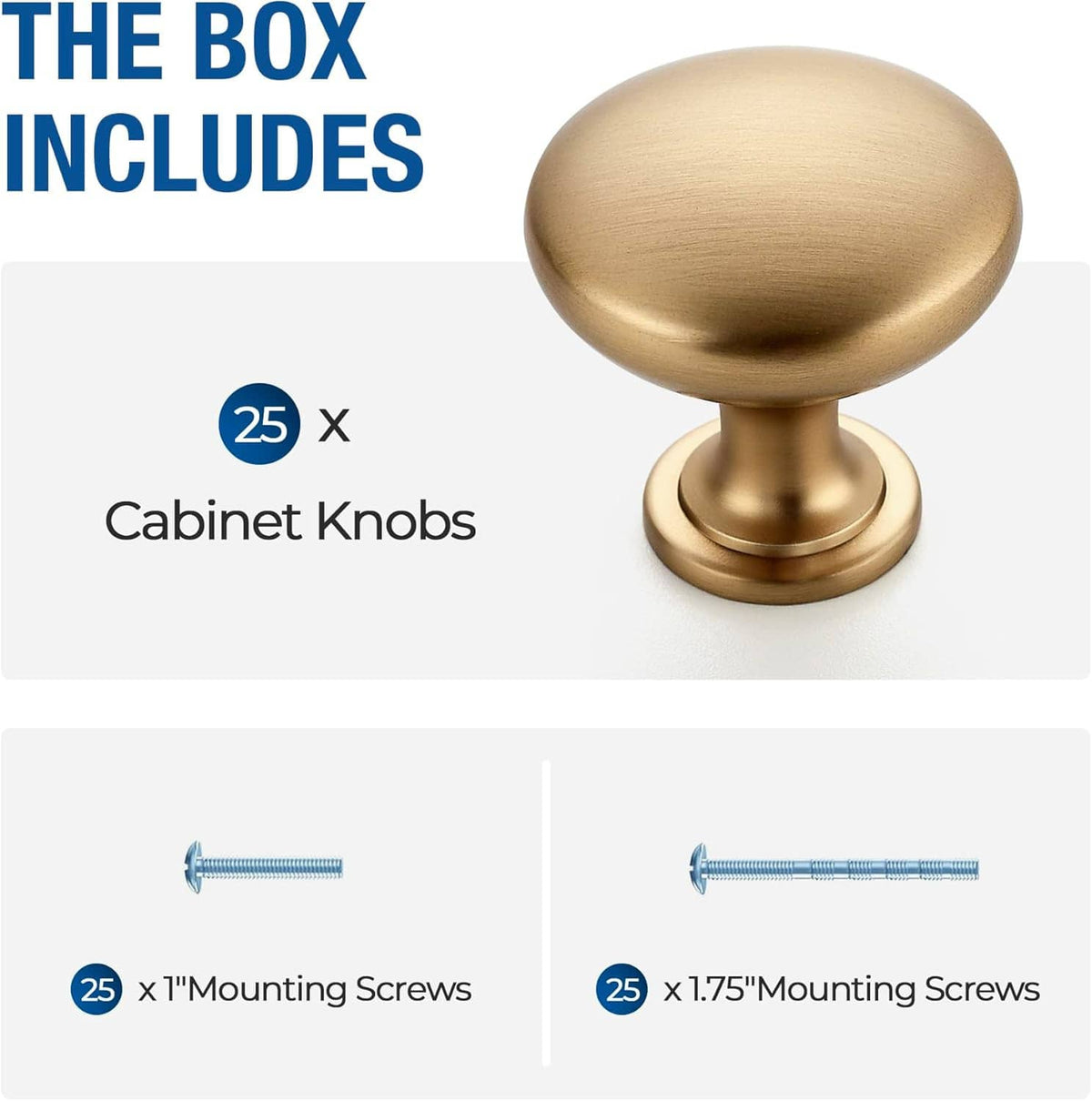 Box contents: 25 champagne bronze round cabinet knobs with mounting screws