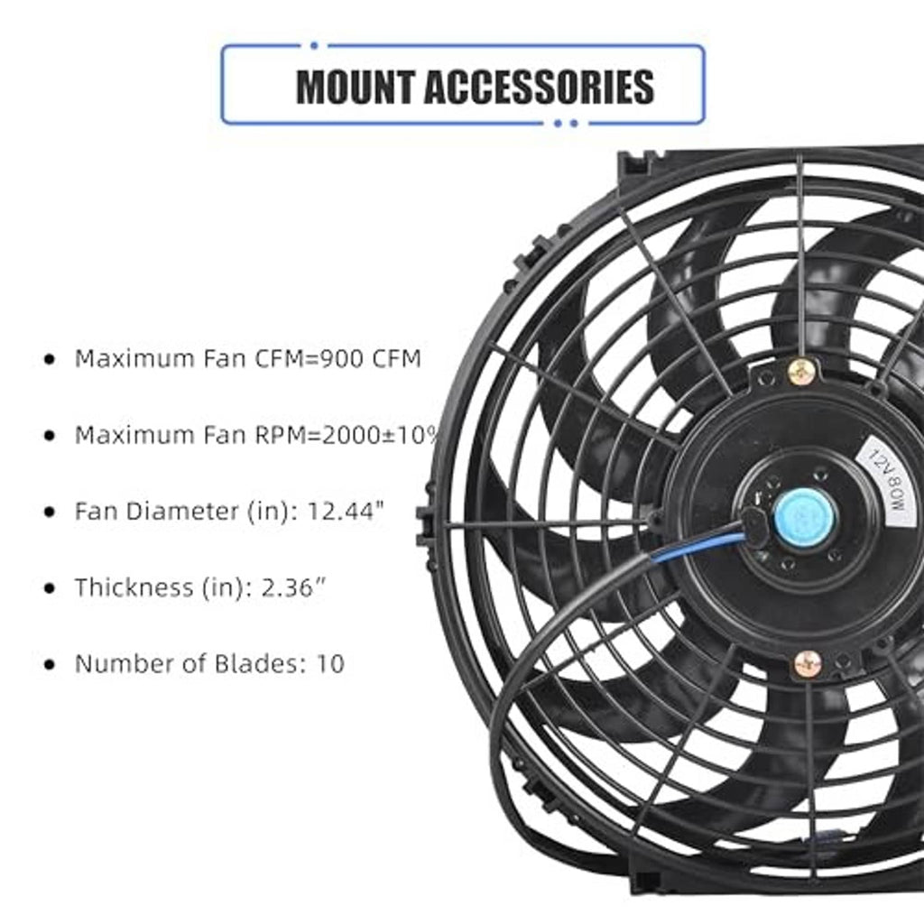 12-inch radiator cooling fan close-up with black grille, blue center hub, and mounting clips