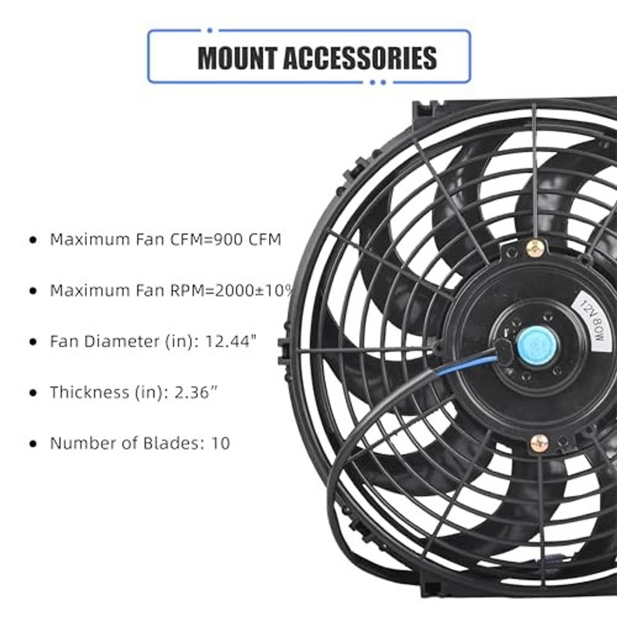 12-inch radiator cooling fan close-up with black grille, blue center hub, and mounting clips