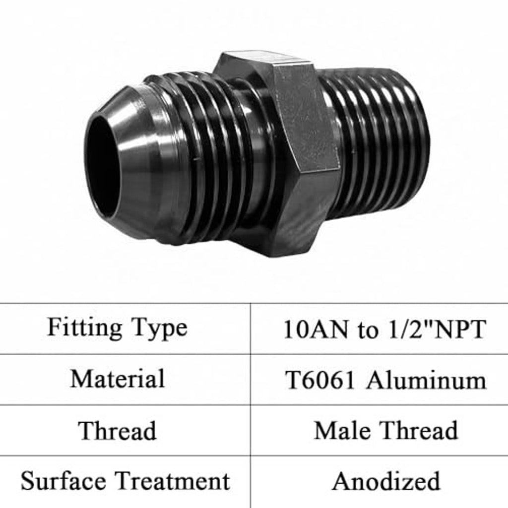 Black and silver hose fitting adapter with hex nut and male thread on both ends