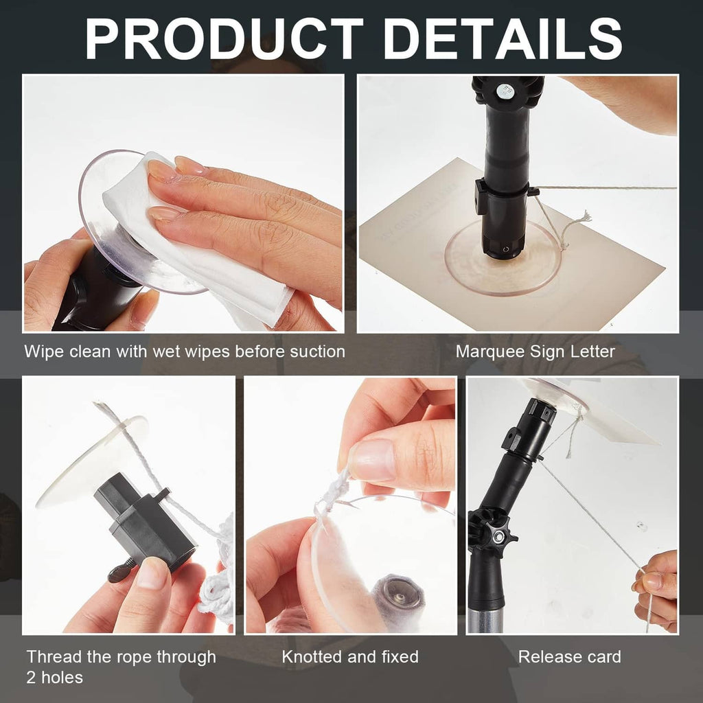 Black readerboard letter change arm kit with suction cup, cord, and fastening details