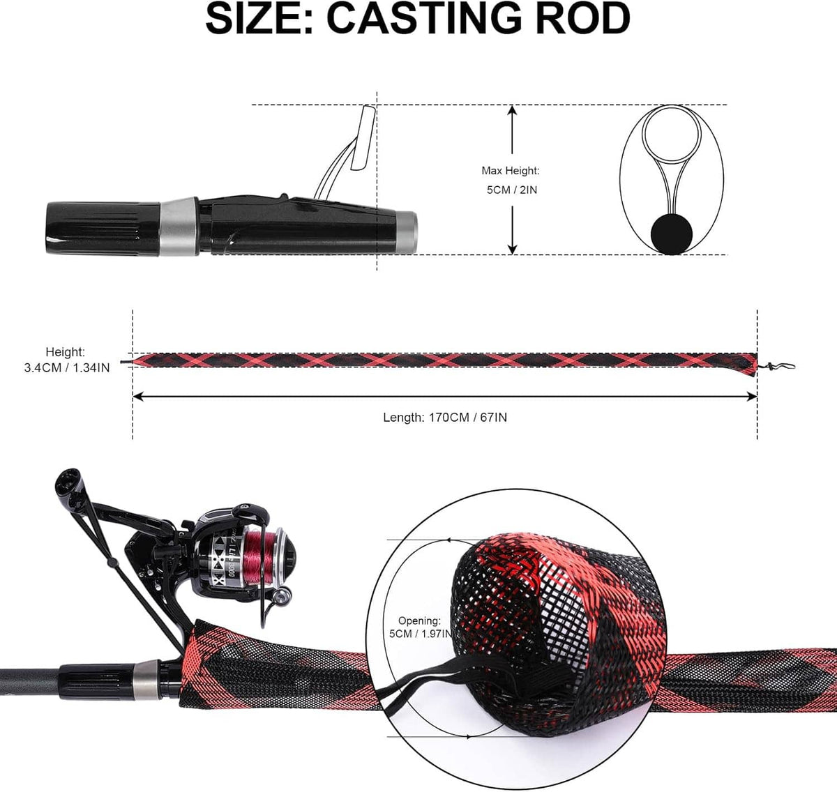Fishing rod sleeve sock cover for casting rods, showing length and end opening size