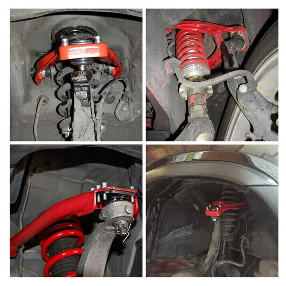Red adjustable control arms installed in a front suspension wheel-well area