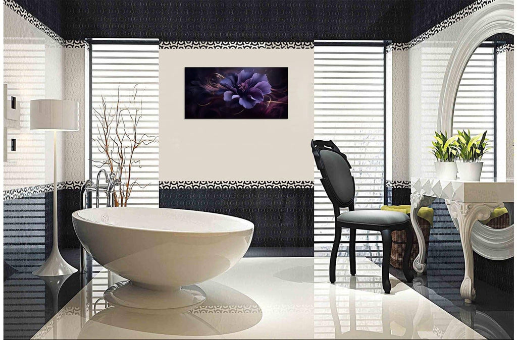Purple flower wall canvas above sink in tiled bathroom, landscape rectangle