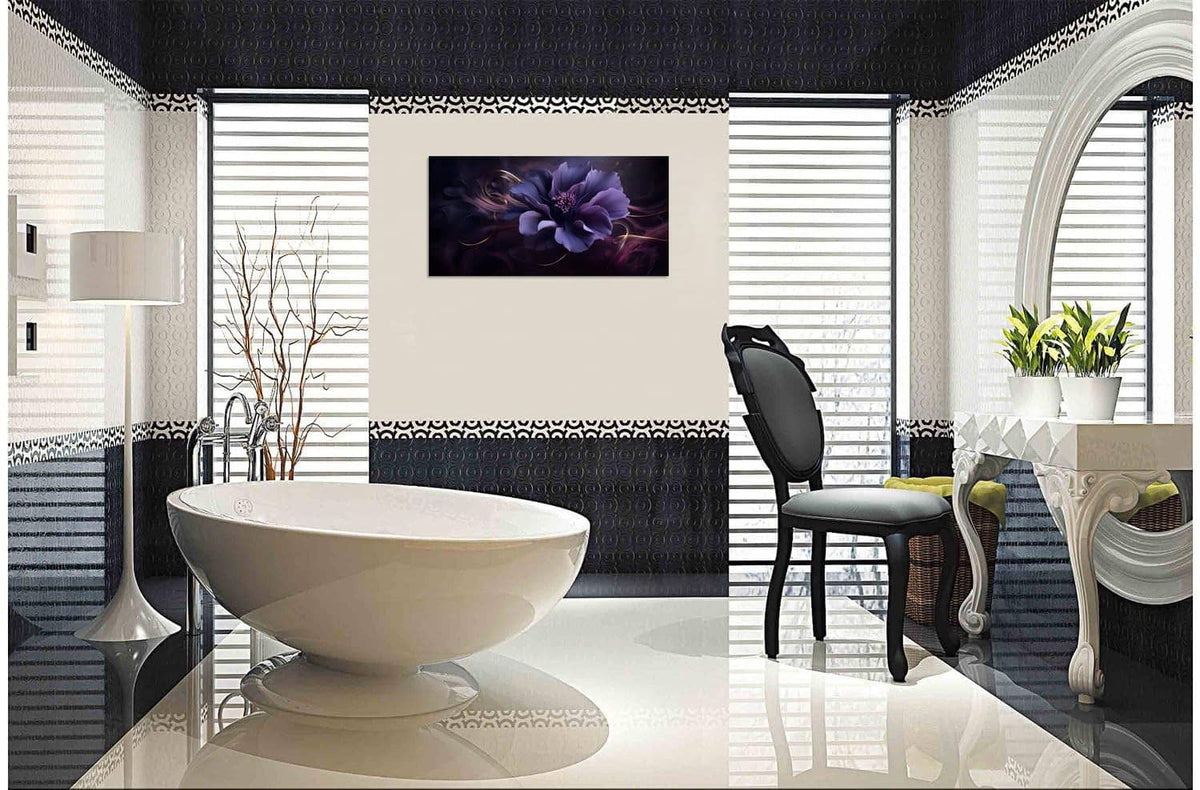 Purple flower wall canvas above sink in tiled bathroom, landscape rectangle
