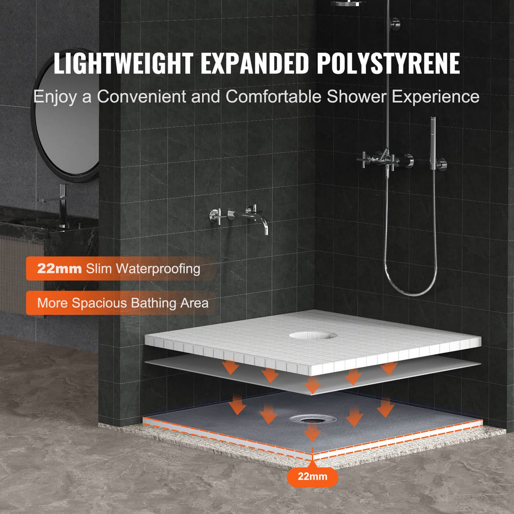 Gray shower curb tray with central drain opening installed in corner