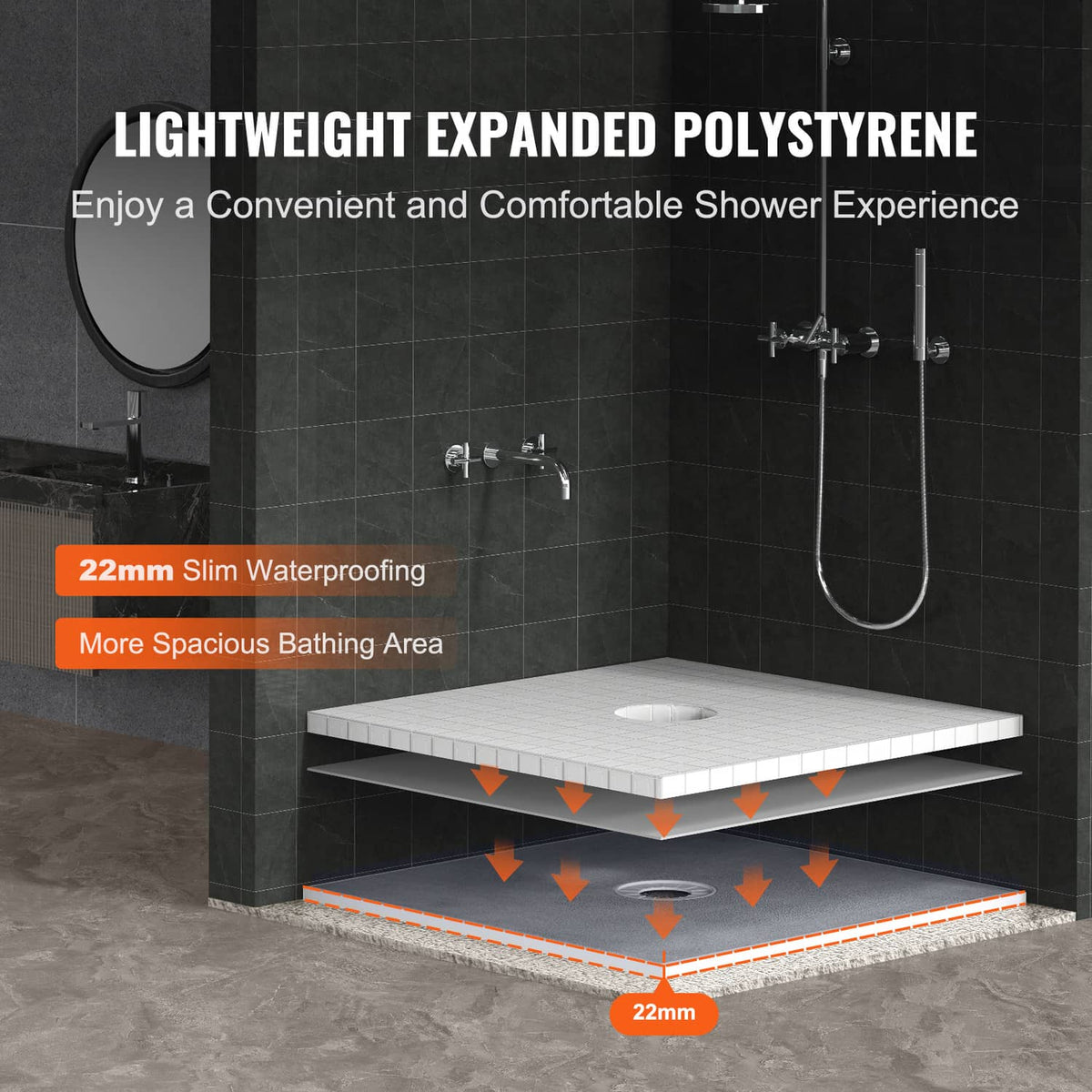 Gray shower curb tray with central drain opening installed in corner