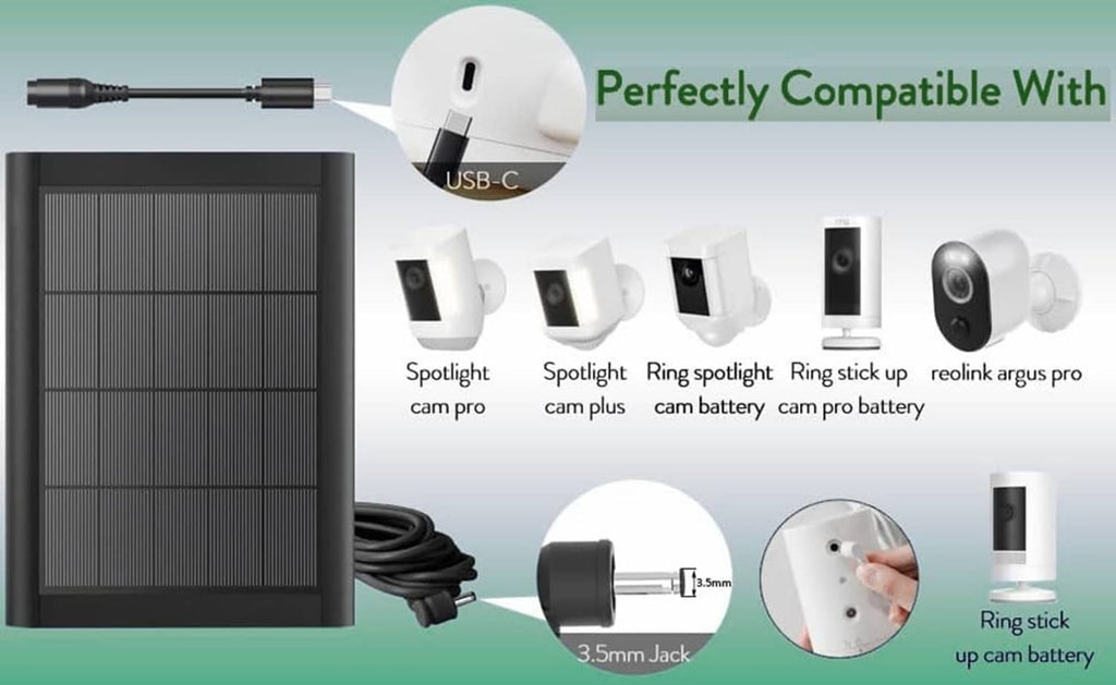 Solar panel charger with USB-C cable and ring spotlight accessory adapters