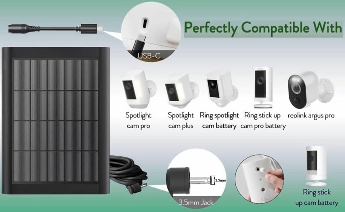Solar panel charger with USB-C cable and ring spotlight accessory adapters