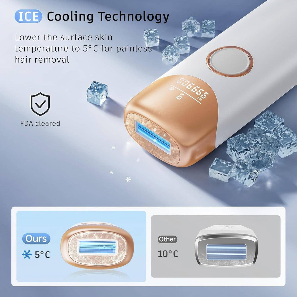 Handheld IPL hair removal device with rose-gold treatment head and ice-cooling graphic, with ice cubes