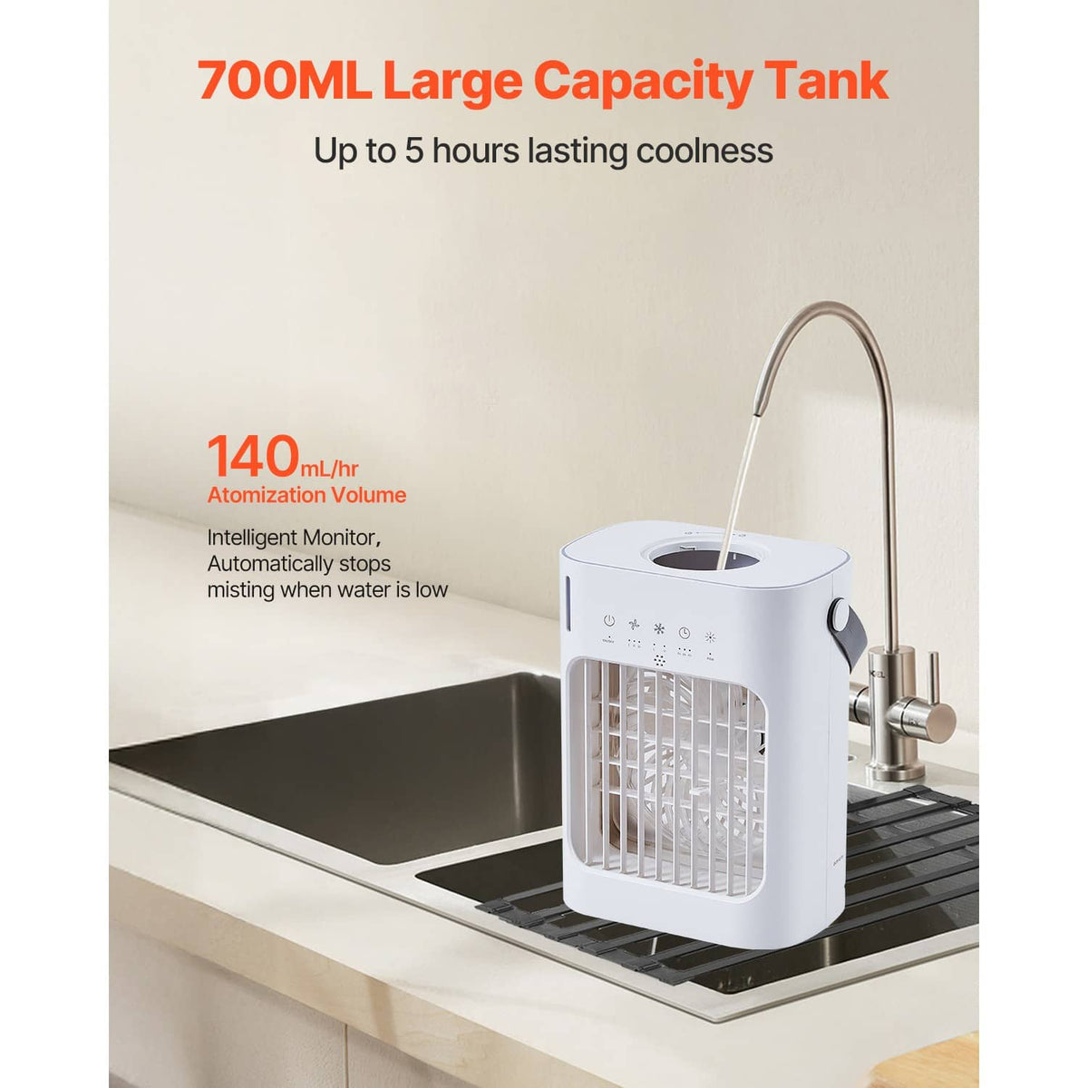 Portable air cooler with water inlet at top, front grille, and faucet-style tap connection