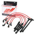 Spark plug wire set with red wires and black ignition boots, multiple connectors