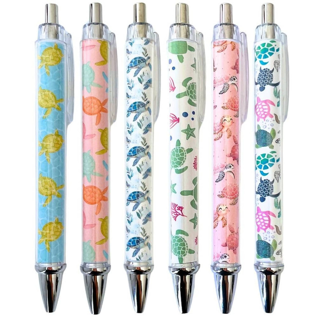Multicolor turtle-print pens with clear barrels and silver tips (6-pack)