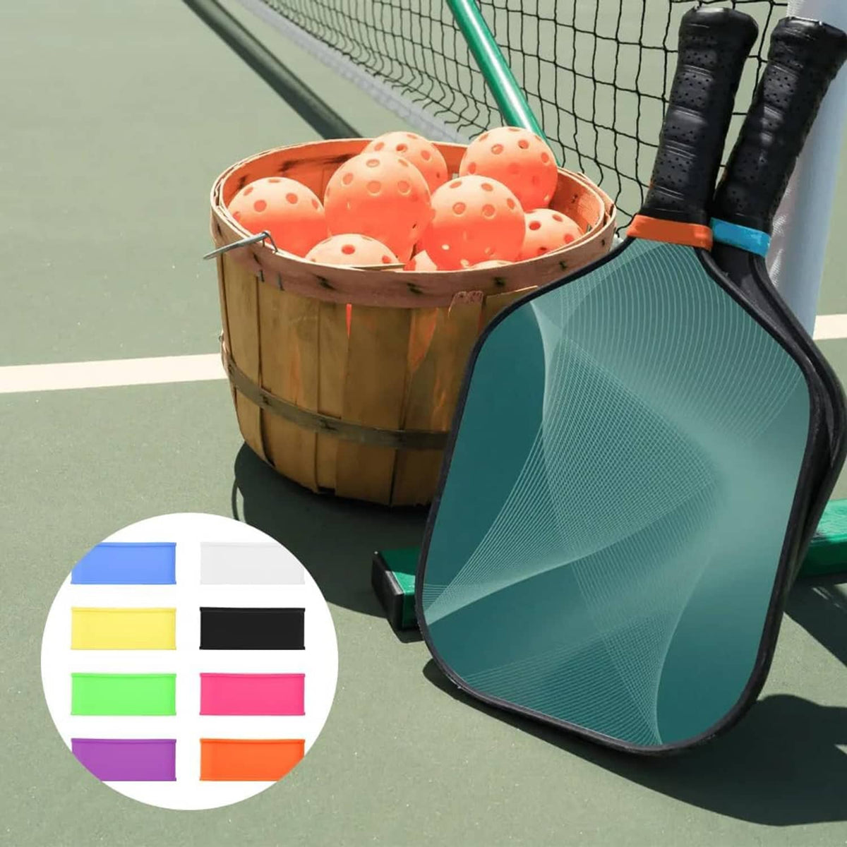 Pickleball paddle with perforated white grip sleeve and orange color band swatches