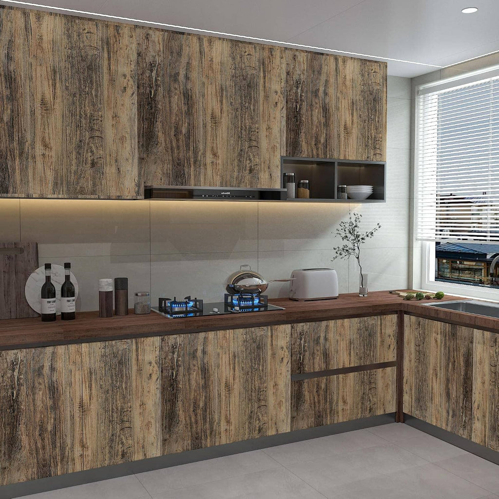 Brown wood-grain wallpaper for kitchen walls and cabinet panels with vertical plank texture