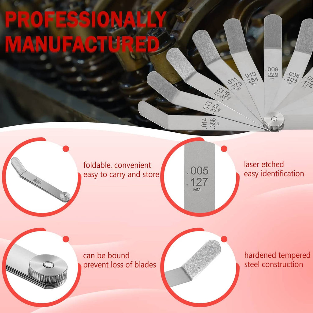 Foldable offset feeler gauge set fan with engraved blades and hardened steel tips