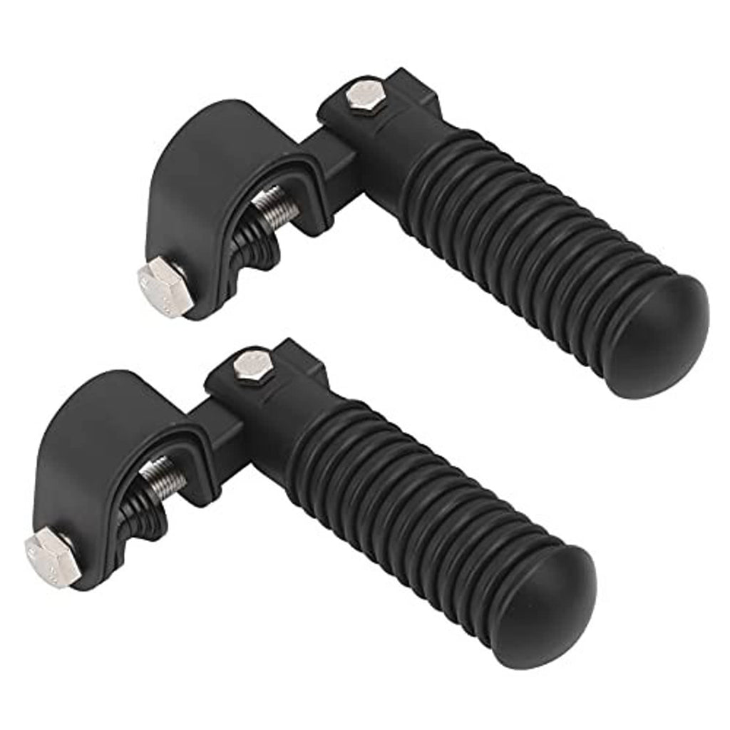 Motorcycle foot peg pair with black curved brackets, threaded inserts, and ribbed pads