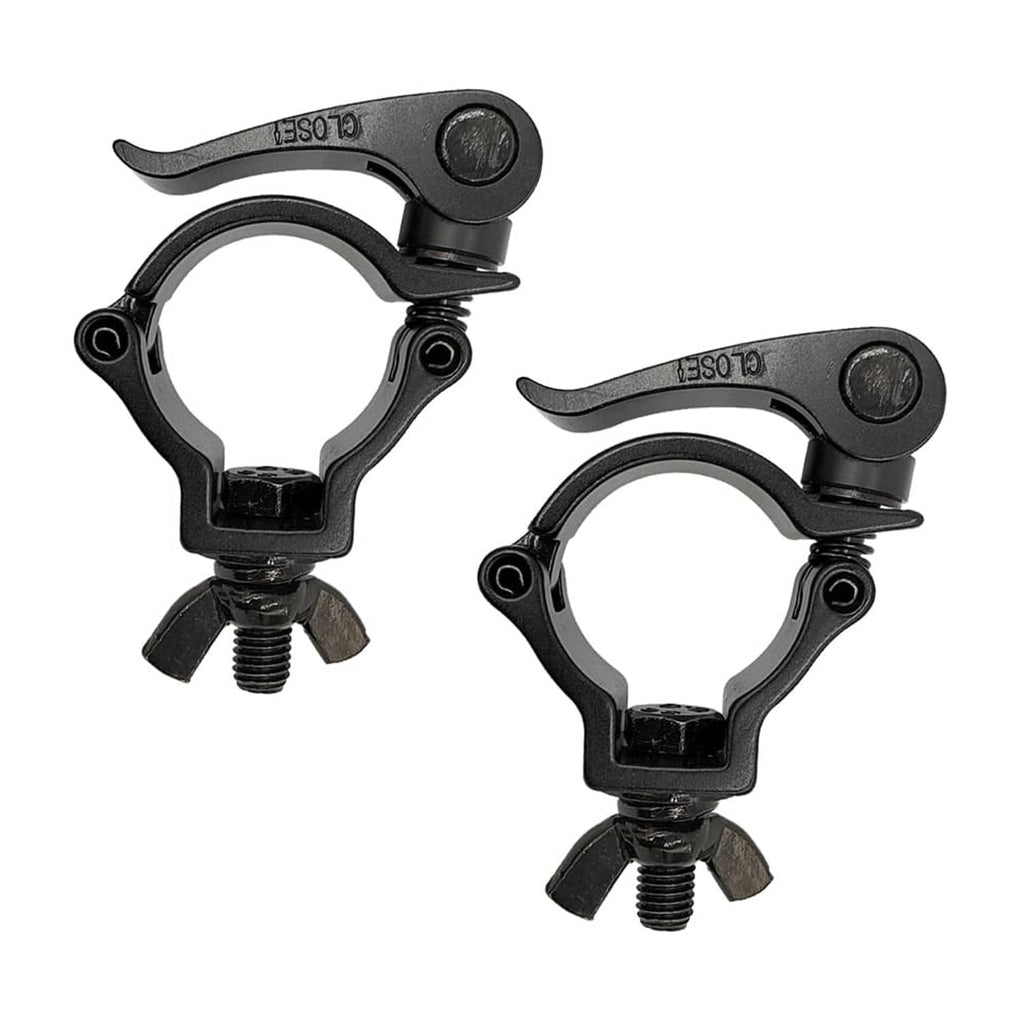 Black quick-release pipe clamp with hinged lever and threaded mounting bolts