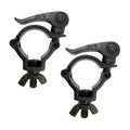 Black quick-release pipe clamp with hinged lever and threaded mounting bolts
