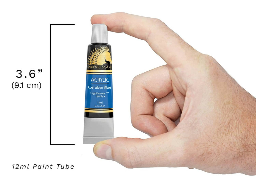 Acrylic paint tube in hand, blue color, 12ml size shown
