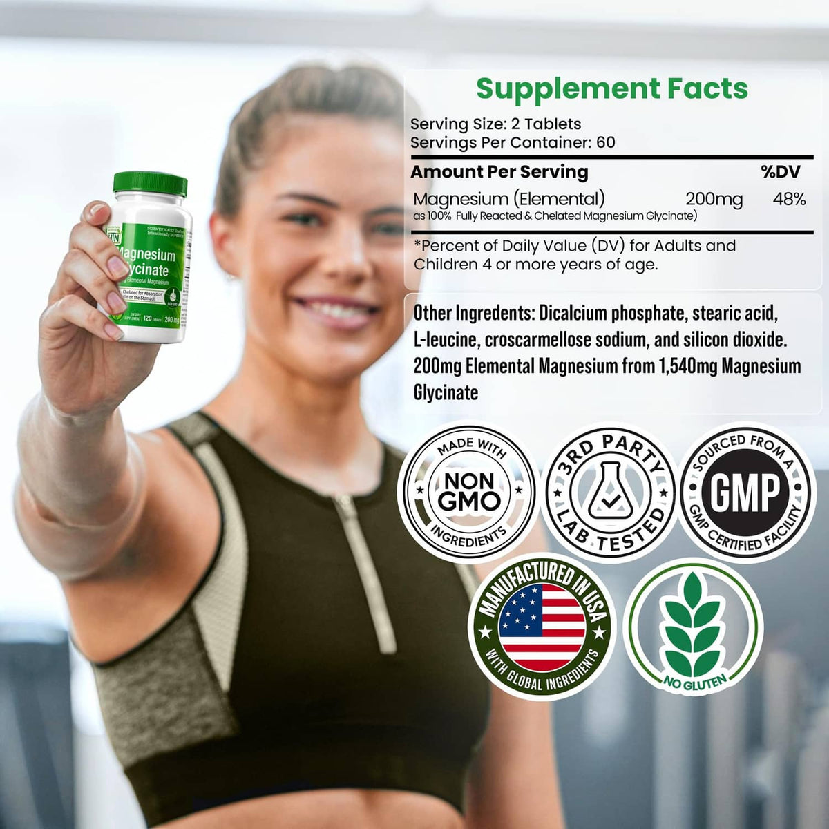 Magnesium glycinate supplement bottle with green cap; Supplement Facts panel visible