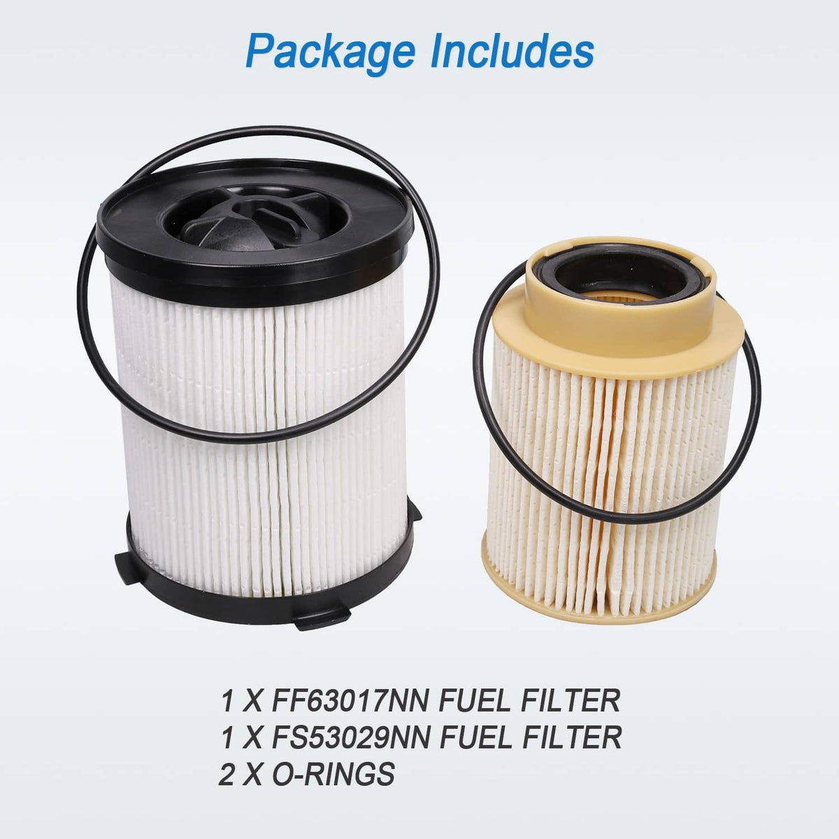 Fuel filter kit with two cartridge filters and two O-rings, one white and one beige