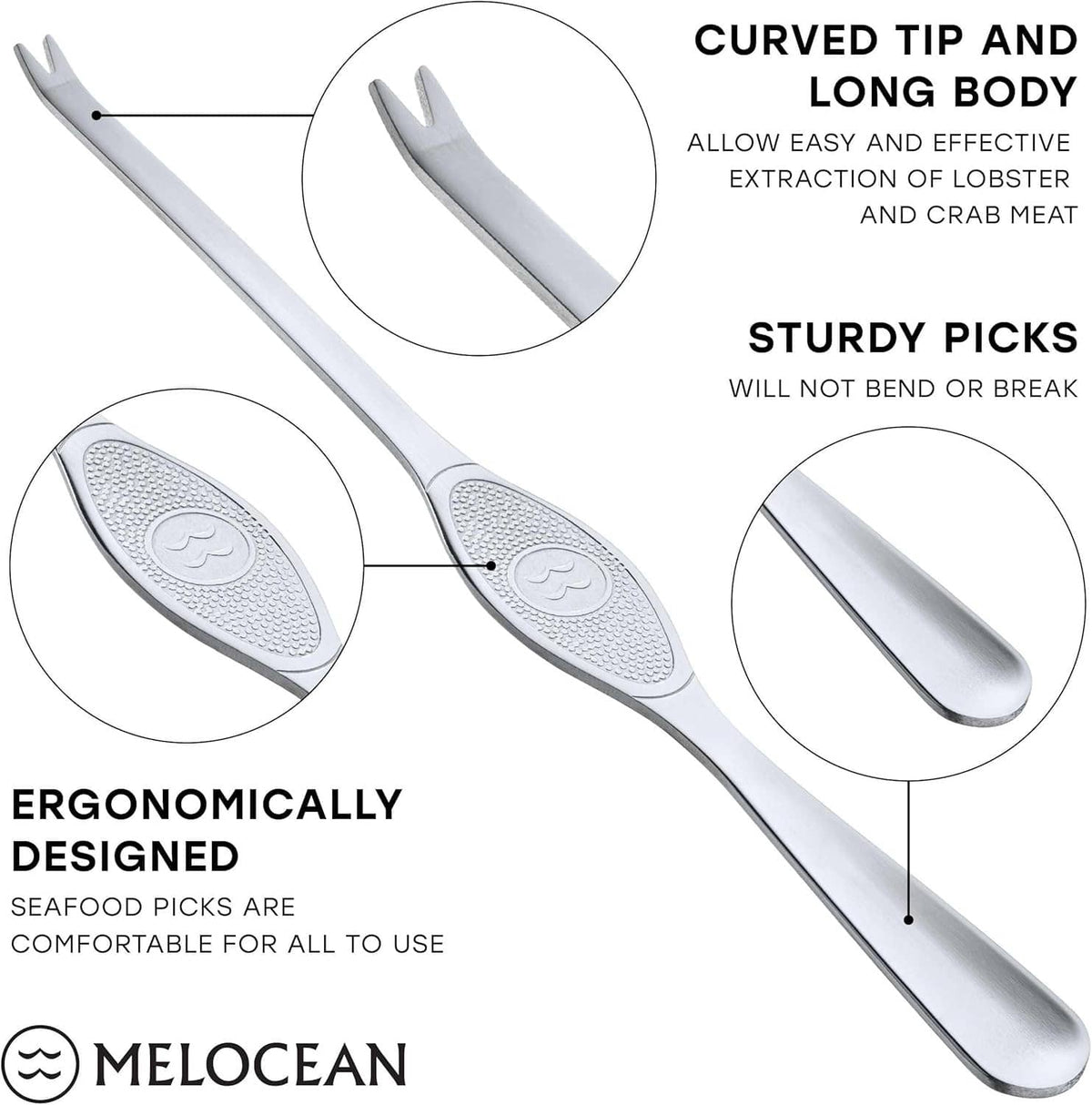 Long-body seafood pick tools with curved tip for extracting meat