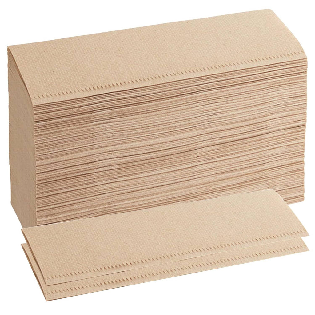 Kraft multi-fold paper towels, compact brown stack with flat sheet on top