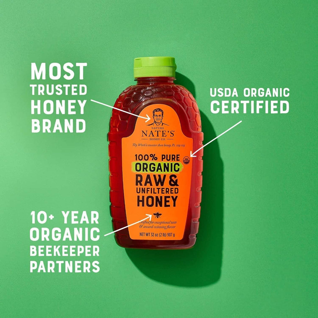 Nate's organic raw & unfiltered honey bottle with green cap, front label