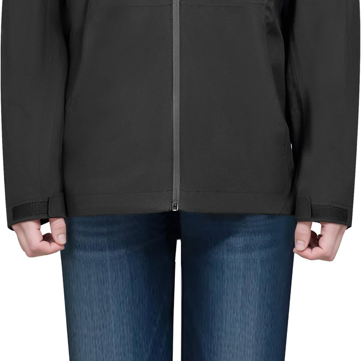 Men's black soft shell jacket with full-length front zipper and elastic cuffs