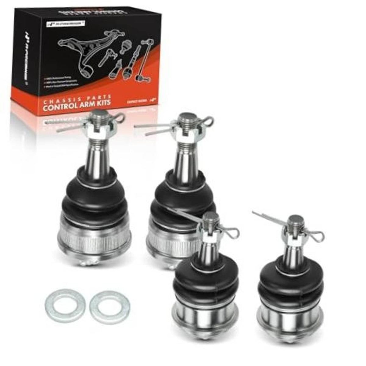 Ball joints kit with four chrome-and-black joints and included washers, shown with box