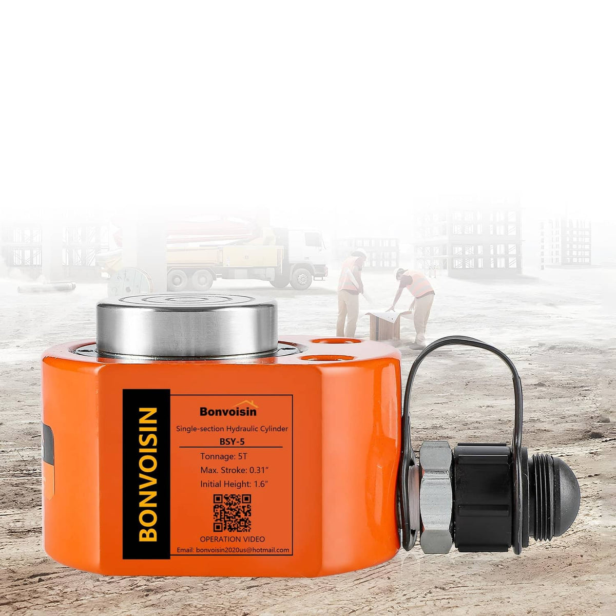 Low-profile hydraulic ram cylinder jack with orange housing and steel lifting piston