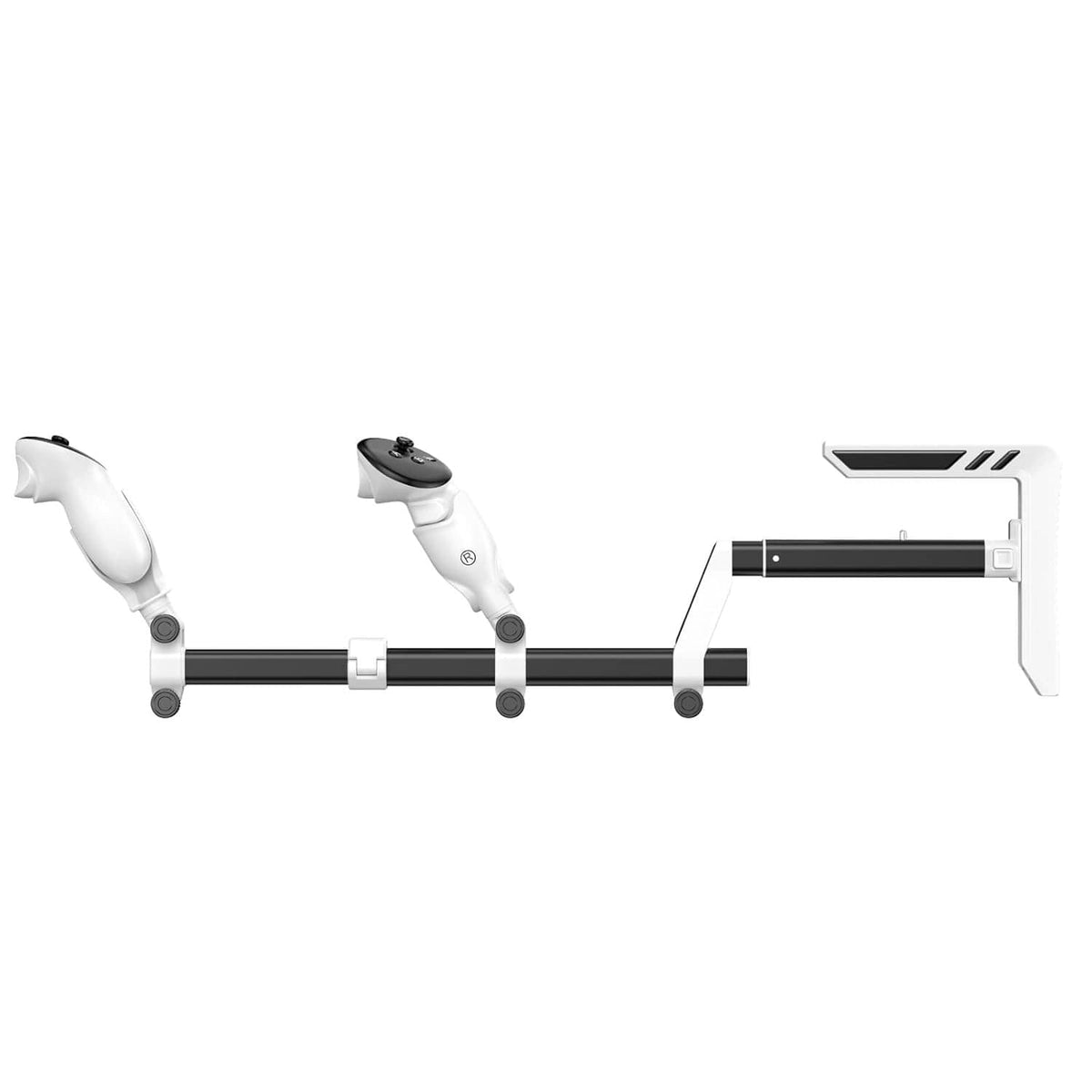 White adjustable VR gunstock with black rail, two grips, and side aiming bracket