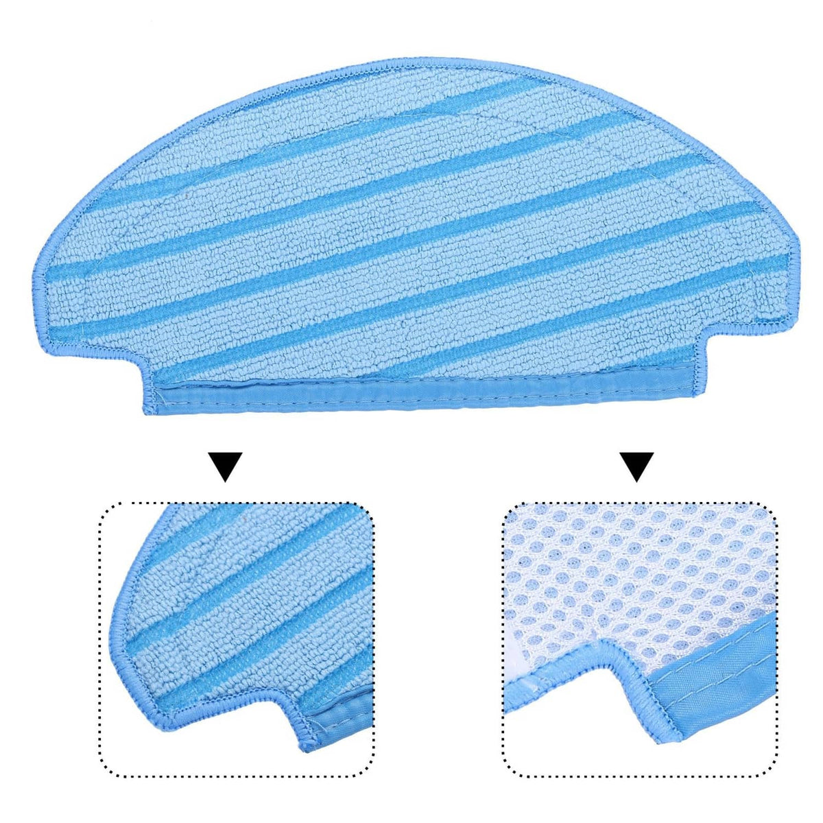Blue robot vacuum mop pad with striped front; close-up inserts show backing