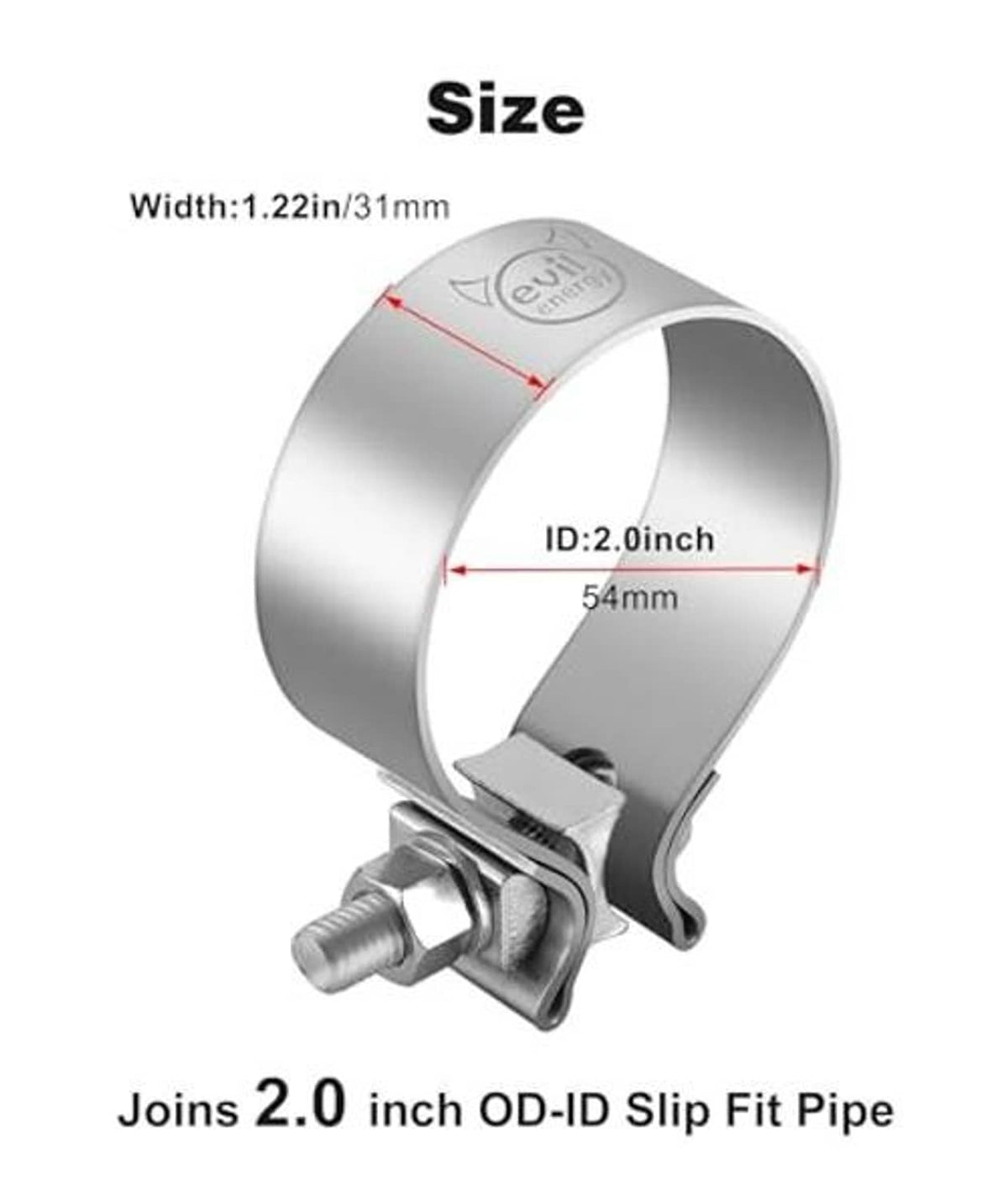 Stainless exhaust clamp, 2-inch ID narrow band with mounting bolt