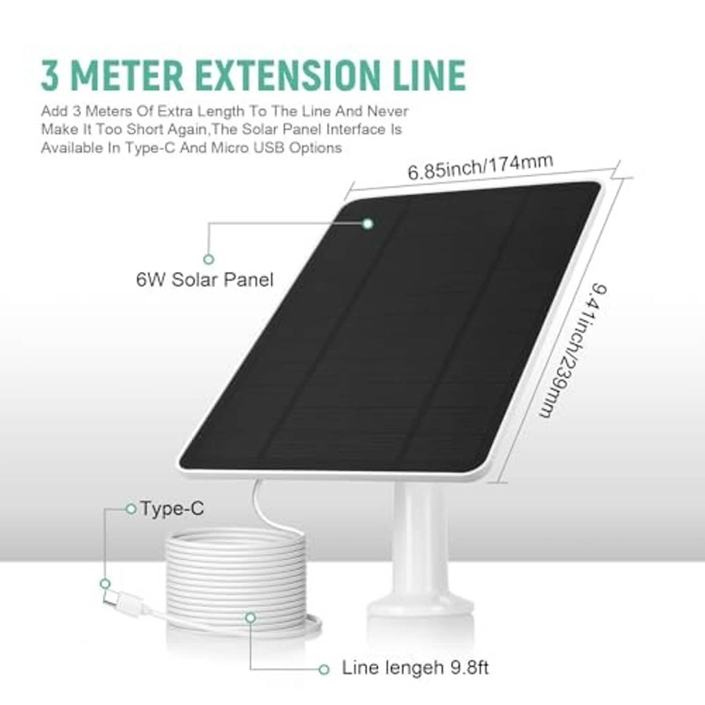 Black solar panel with Type-C connector and 3 m extension line layout