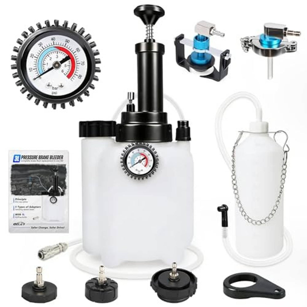 Brake bleeder pressure tool with pressure gauge, adapters, and hanging catch bottle