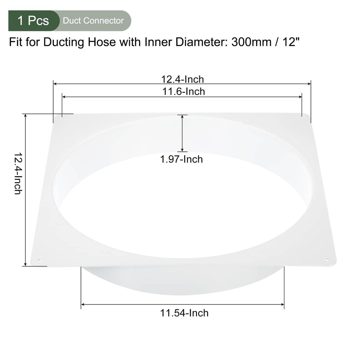 White duct connector flange for 12 in hose, square-to-round straight fitting
