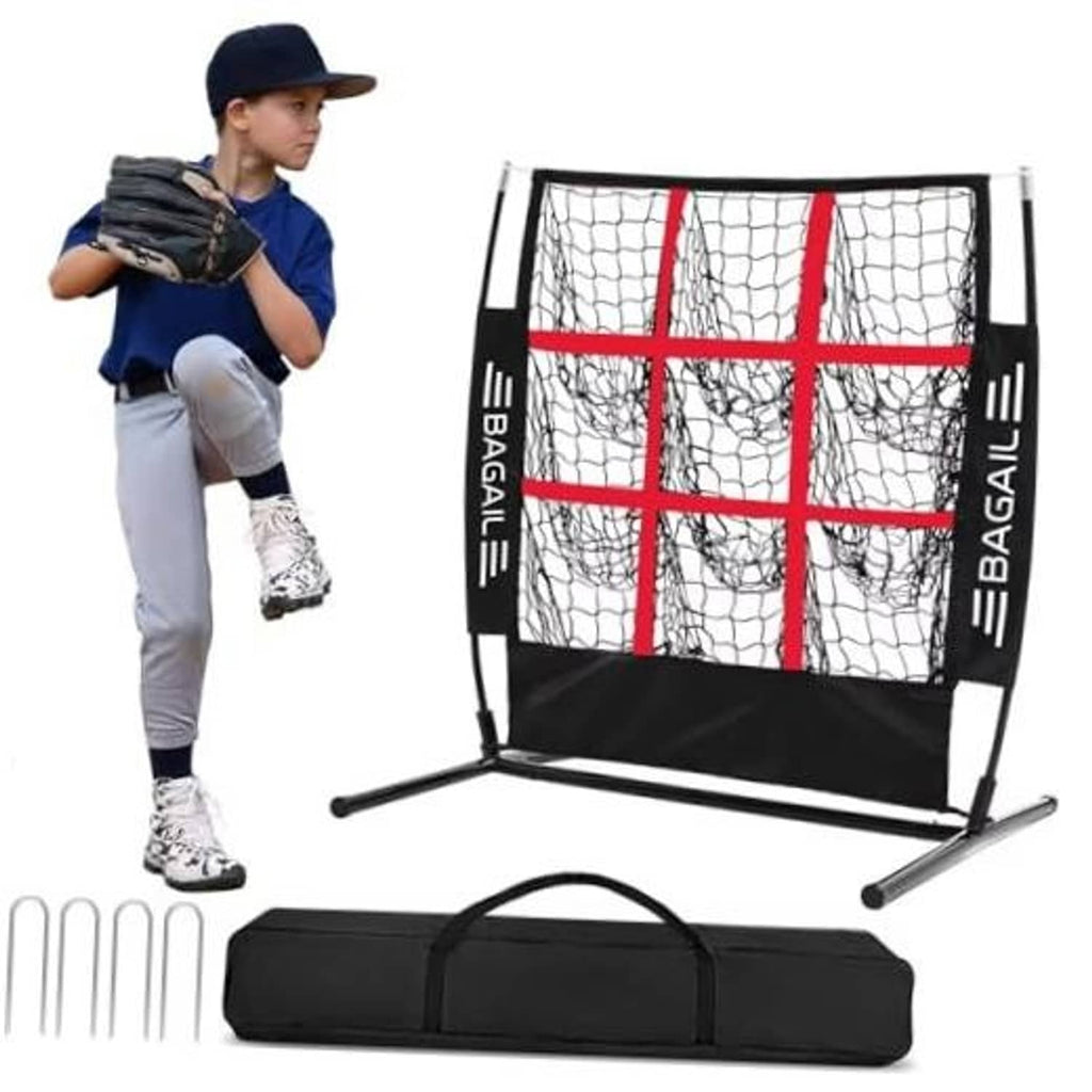 Baseball pitching target net with black frame, white mesh, and red 9-zone grid