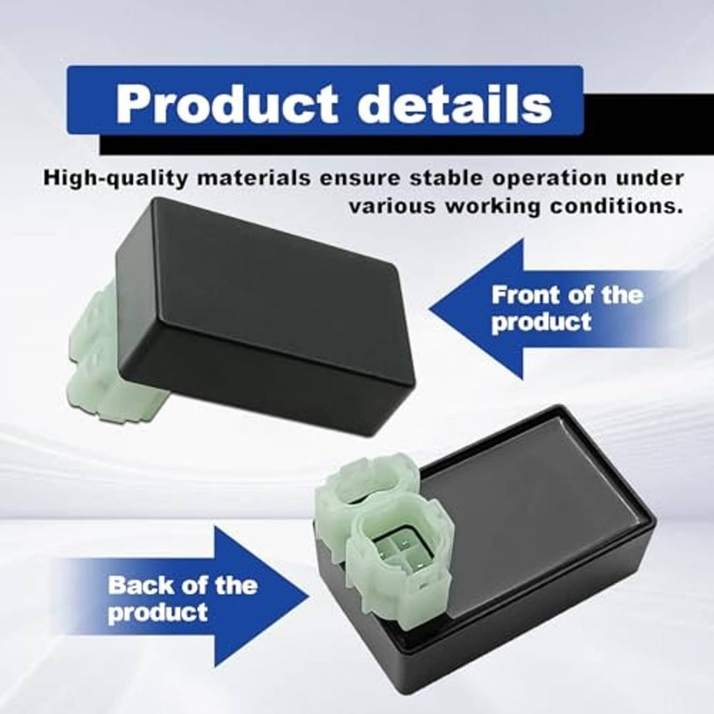 Ignition control module shown from front and back, dark gray housing and light green connector