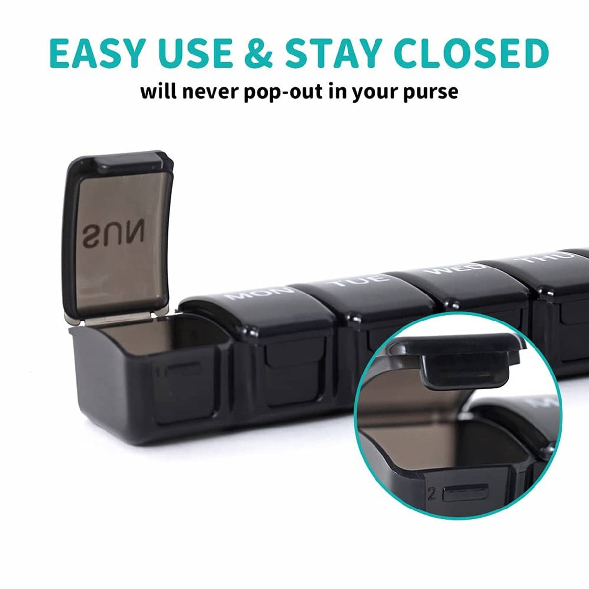 Black weekly pill organizer with open hinged lid and secure snap clasp over day compartments