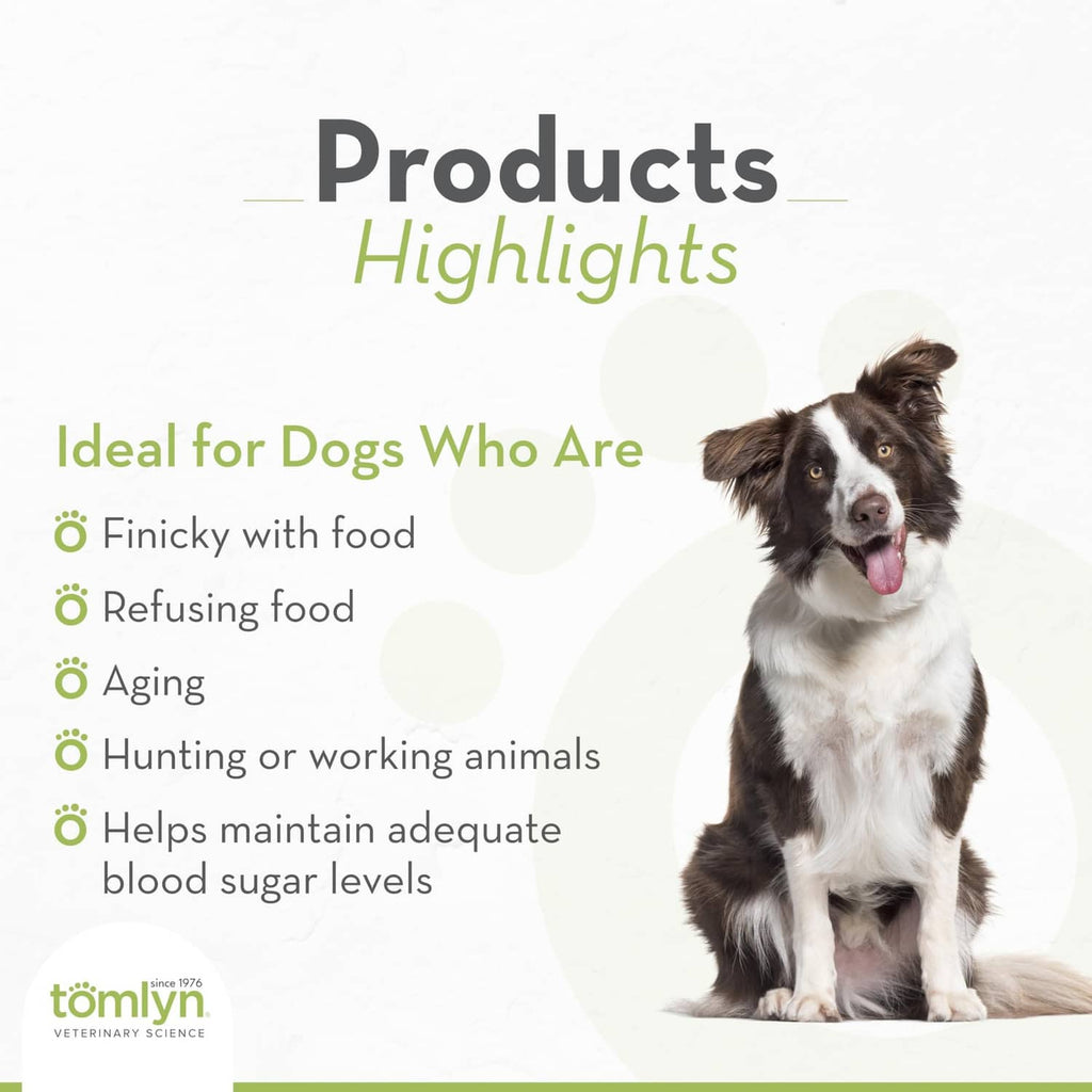 Black-and-white dog beside products highlights for high-calorie nutritional gel