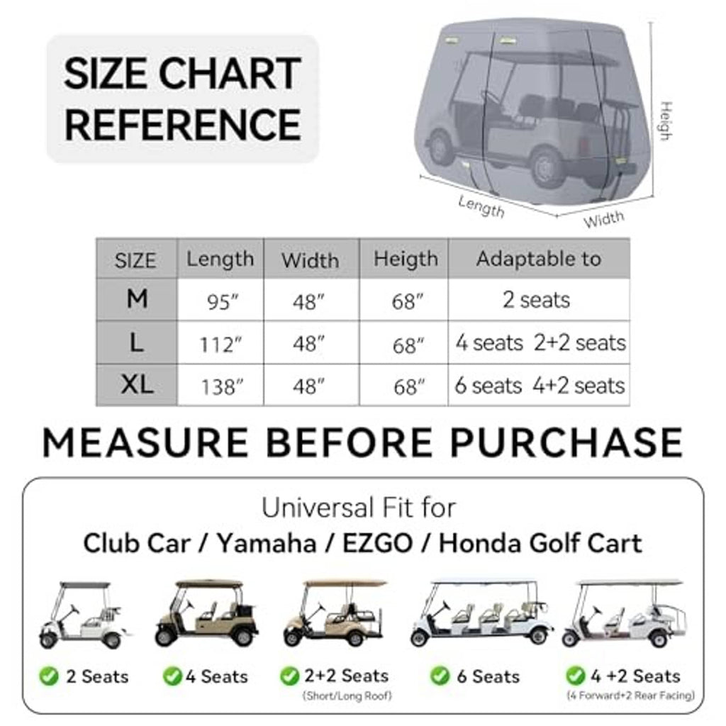 Golf cart cover size chart with length, width, and height options for 2–6 seats